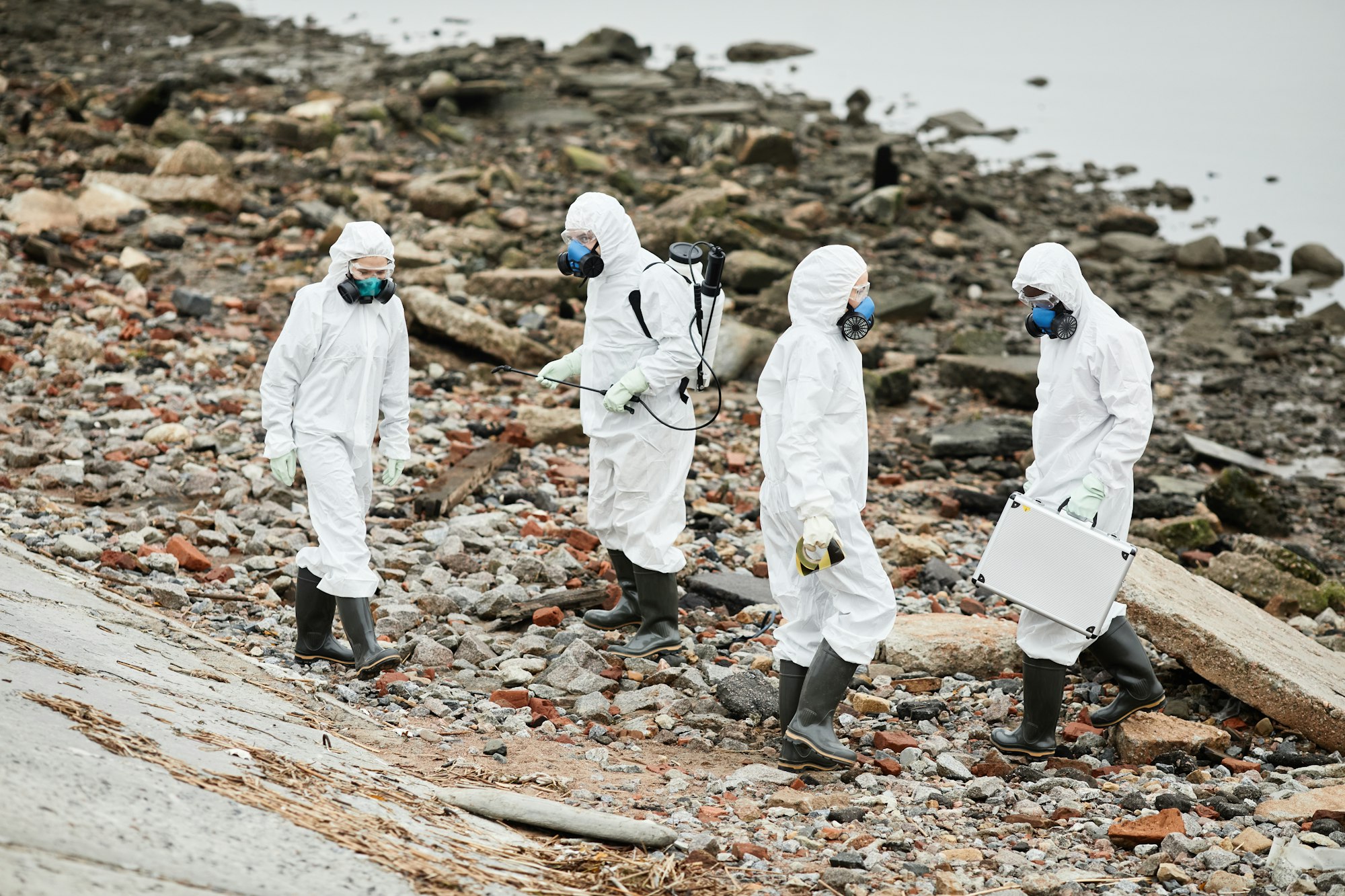 asbestos removal sydney, Group of Workers in Hazmat Suits at Eco Disaster Site