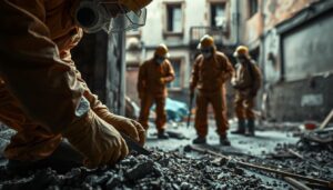 a group of people in orange protective gear